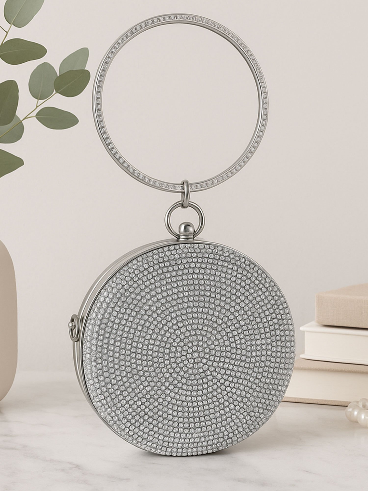 Celestial Silver Round Crystal Clutch