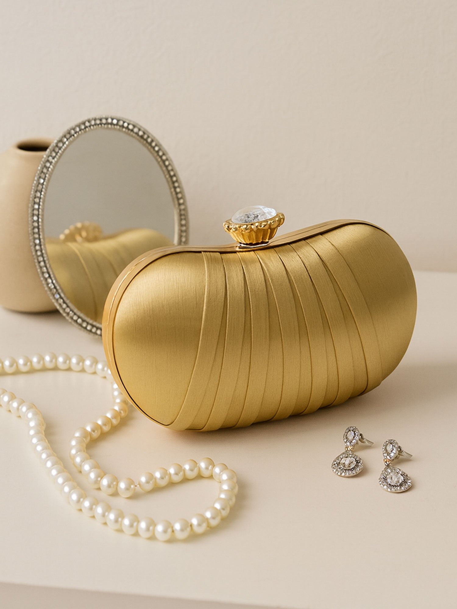Golden Aura Pleated Satin Clutch