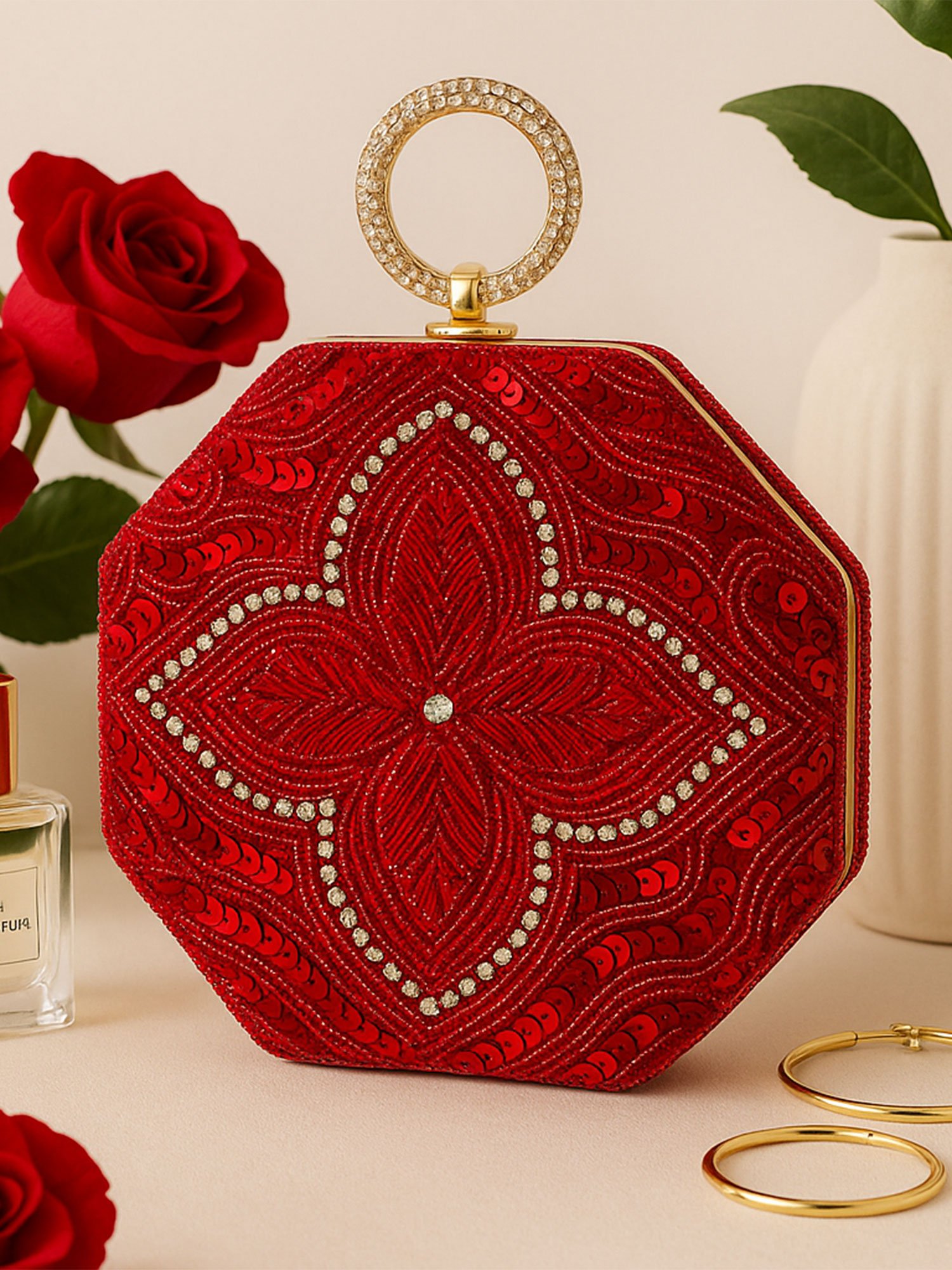 Crimson Majesty Embroidered Velvet Clutch