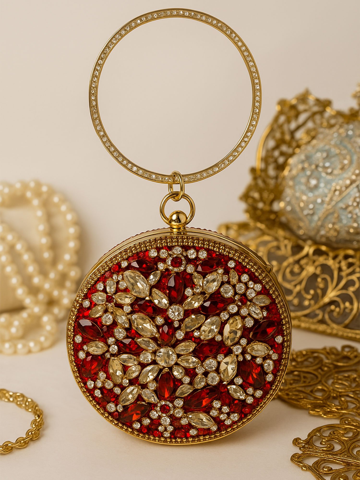 Ruby Royale Round Embellished Clutch