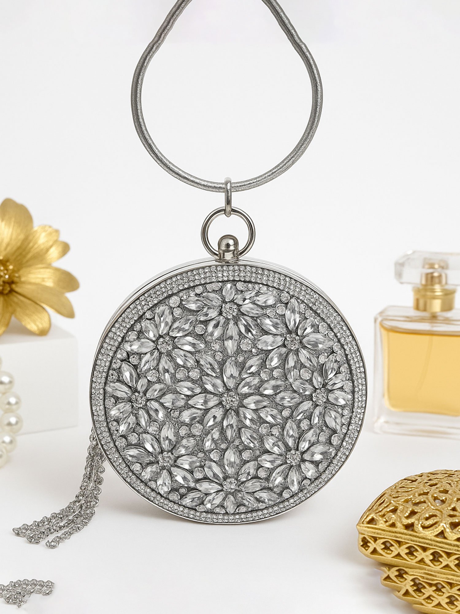 Silver Frost Round Crystal Clutch