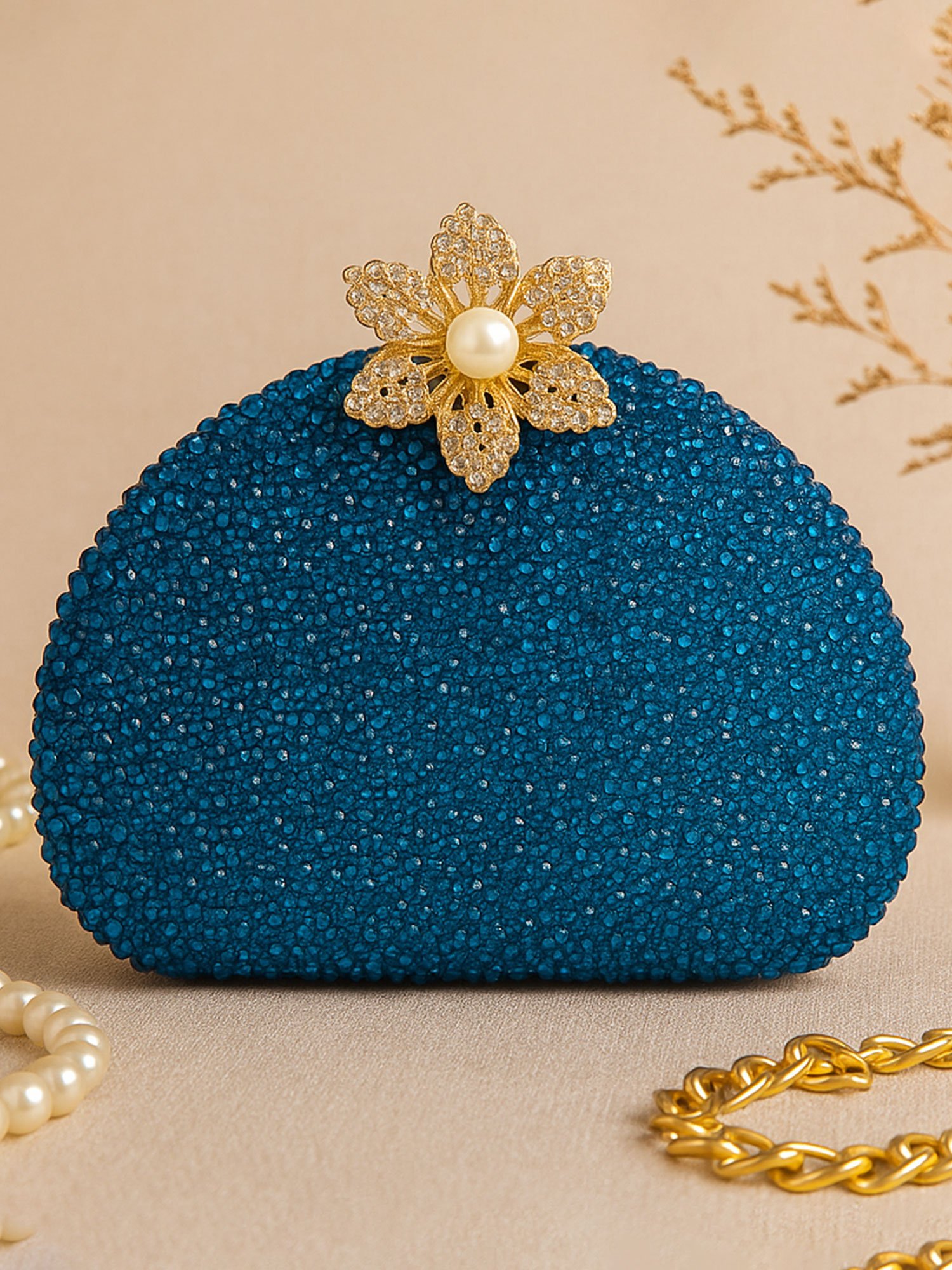 Royal Teal Bloom Crystal Clutch