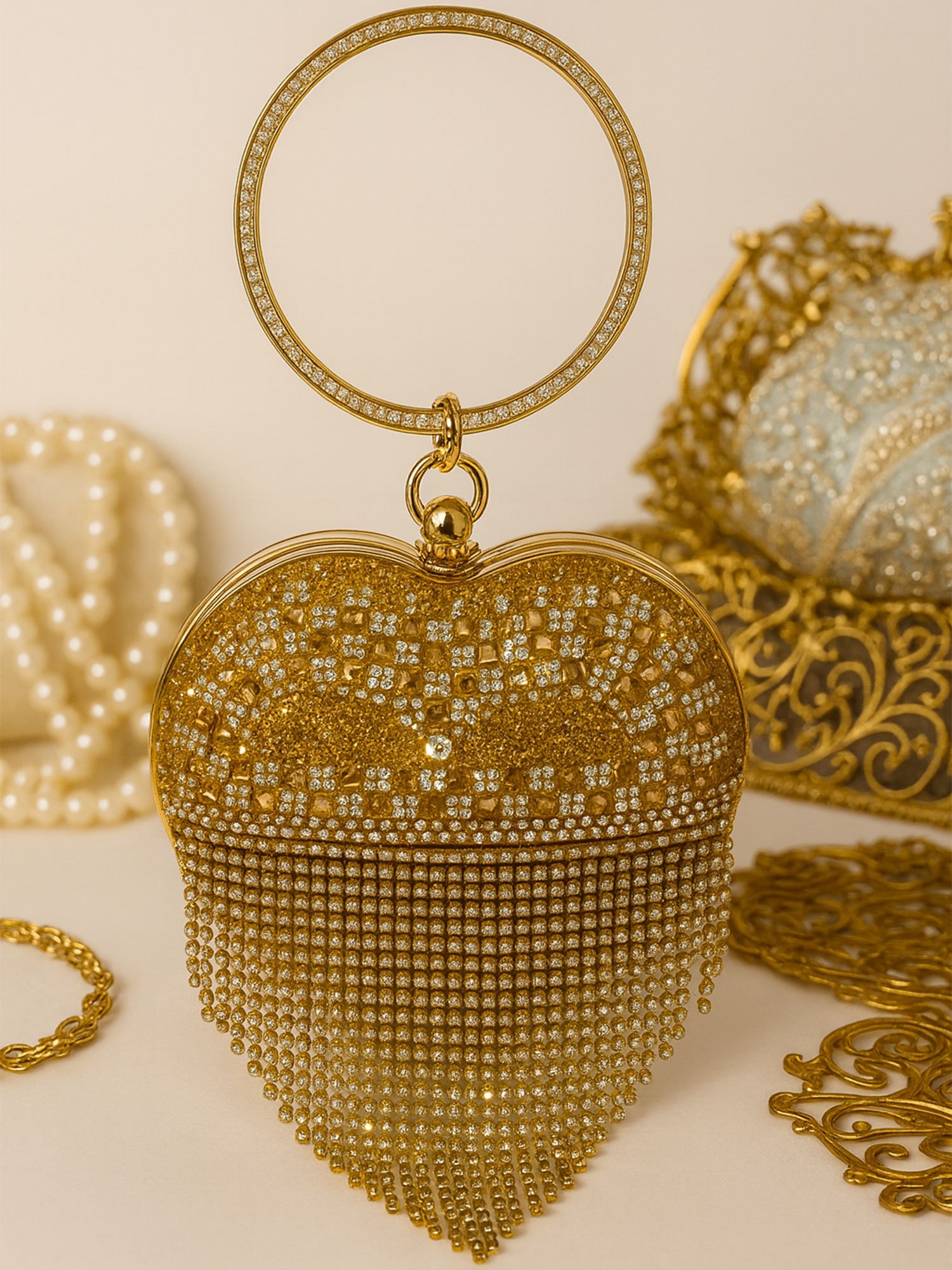 Golden Cascade Heart Crystal Clutch